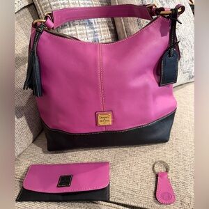 Dooney & Bourke Pink Black Leather Hobo + NEW Wallet & Key Ring Set